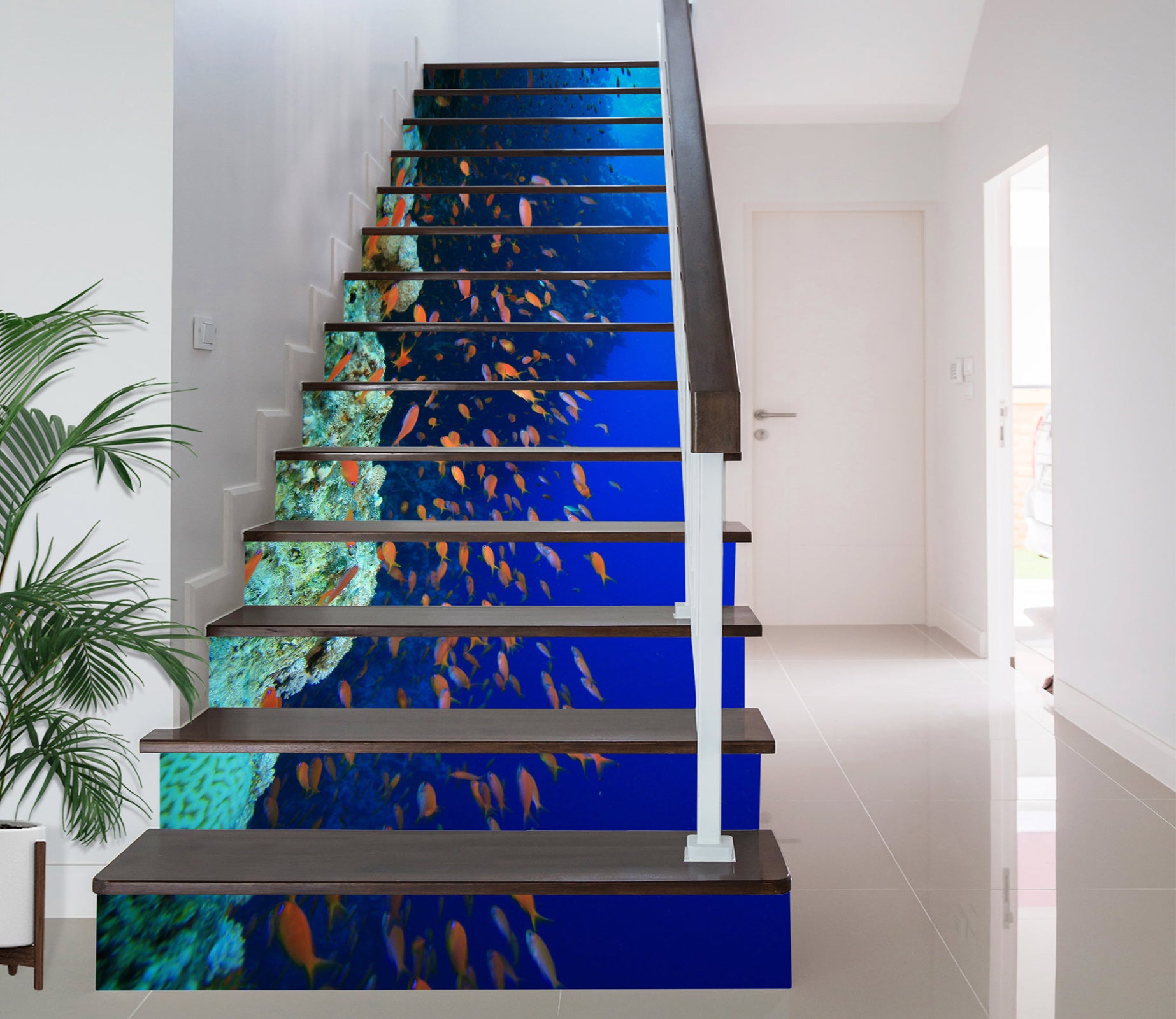 3D Blue Sea Fish School 392 Stair Risers