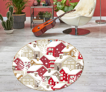 3D Red Snow House 56062 Christmas Round Non Slip Rug Mat Xmas