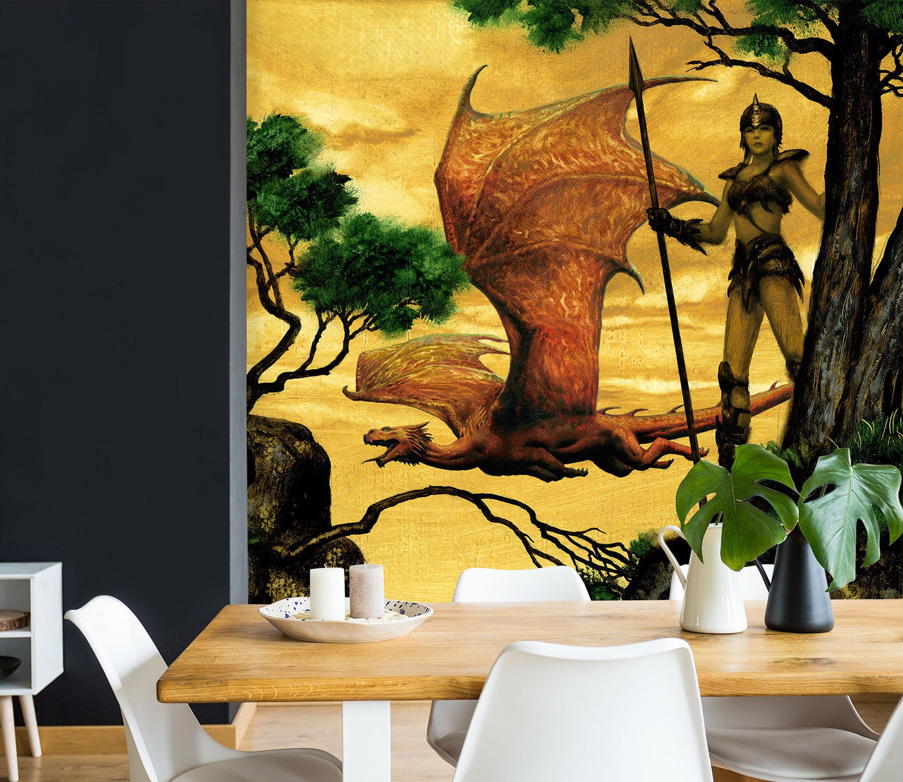 3D Fly Dragon Tree Female Soldier 7063 Ciruelo Wall Mural Wall Murals