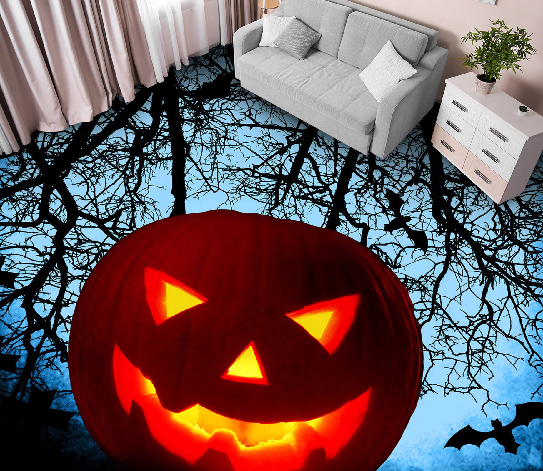 3D Dead Tree Pumpkin 006 Floor Mural  Self-Adhesive Sticker Bathroom Non-slip Waterproof Flooring Murals