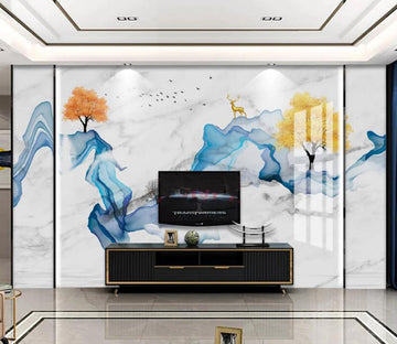 3D Blue Ribbon Gold Deer 731 Wall Murals