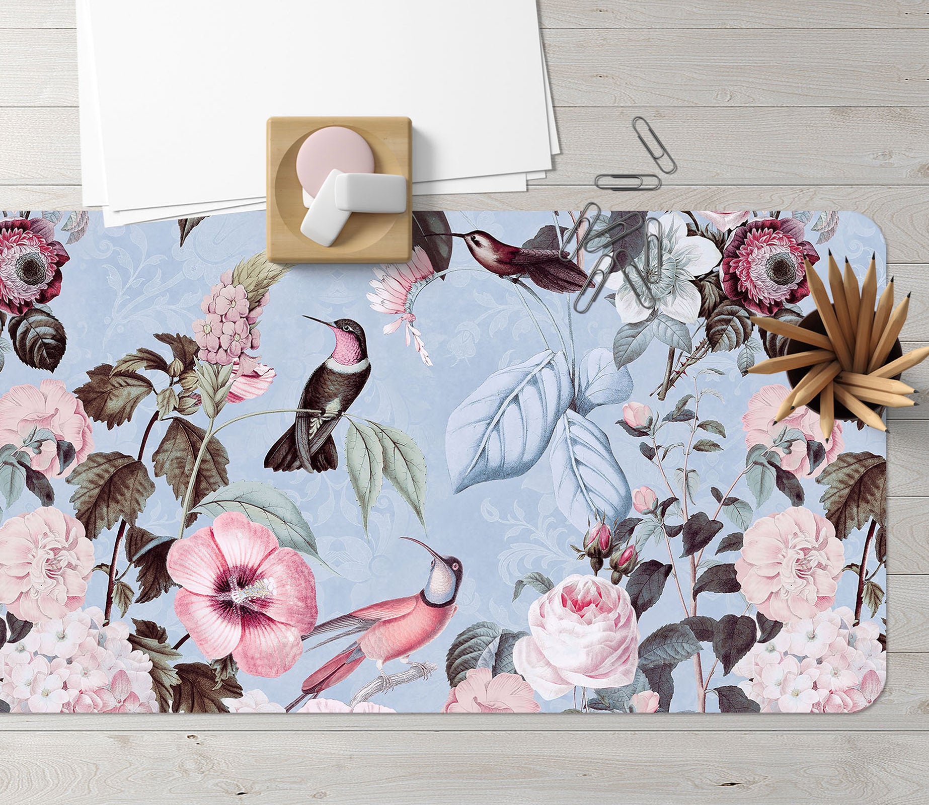 3D Blue Leaves Bird 5222 Andrea Haase Desk Mat