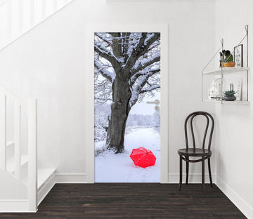 3D Snow Tree Red Umbrella 106205 Assaf Frank Door Mural