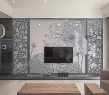 3D Grey Lotus Leaf WC220 Wall Murals