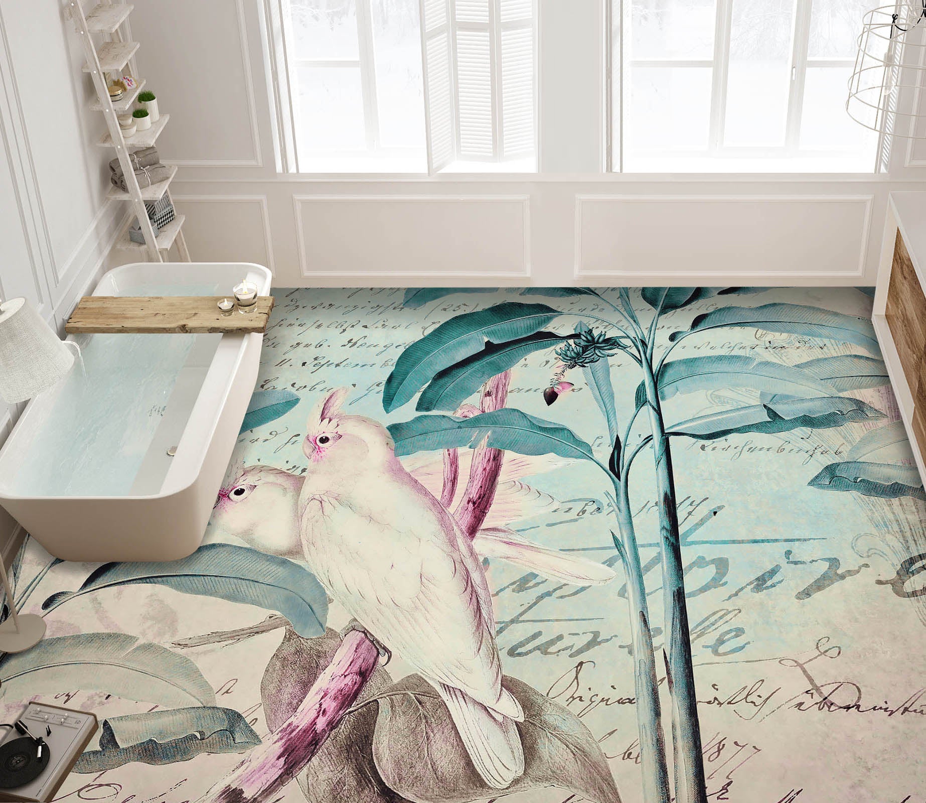 3D Leaves White Parrot 104162 Andrea Haase Floor Mural  Wallpaper Murals Self-Adhesive Removable Print Epoxy