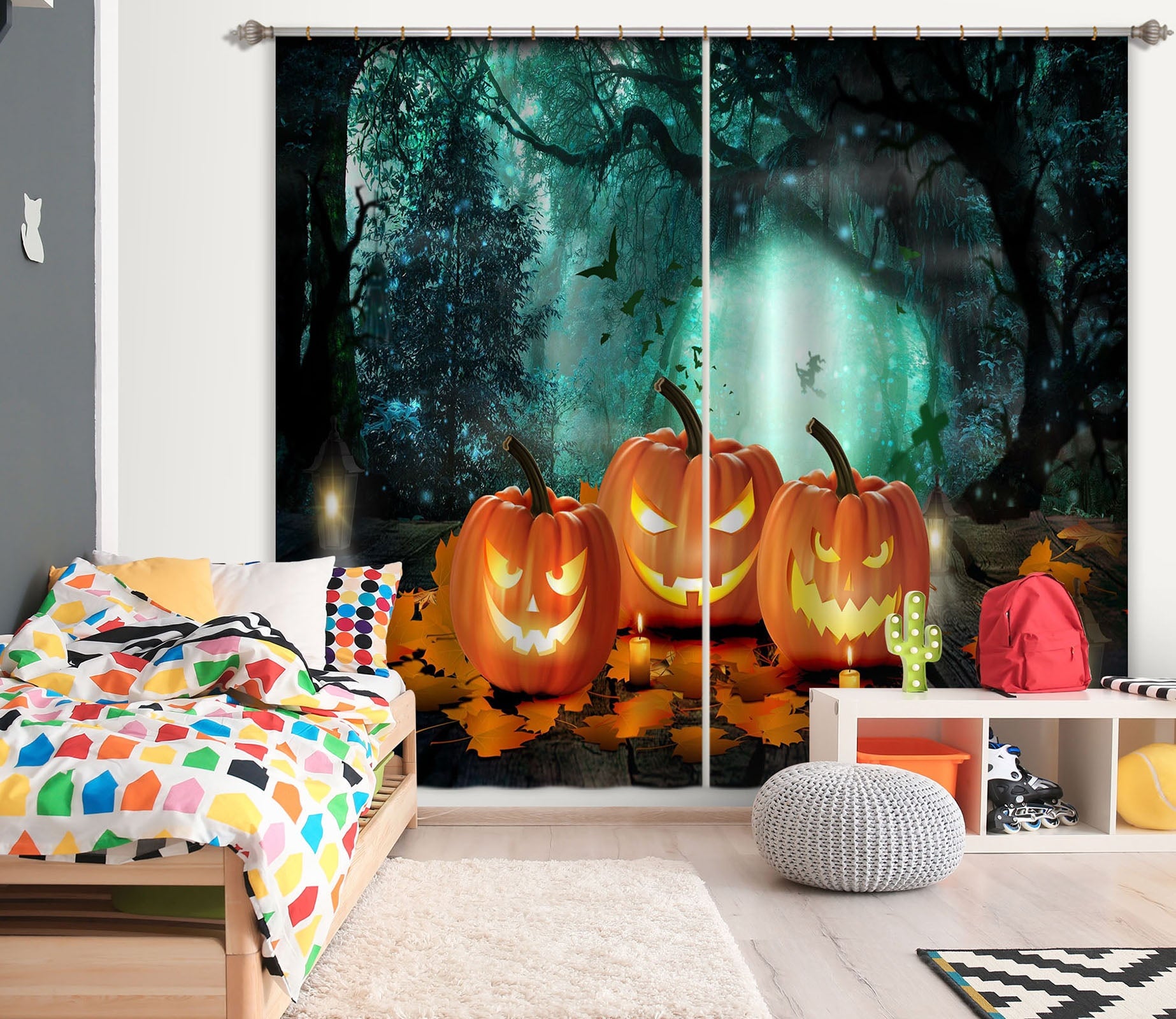 3D Horror Pumpkin 021 Halloween Curtains Drapes Curtains AJ Creativity Home 