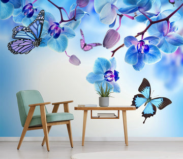 3D Blue Flower Butterfly 398 Wall Murals
