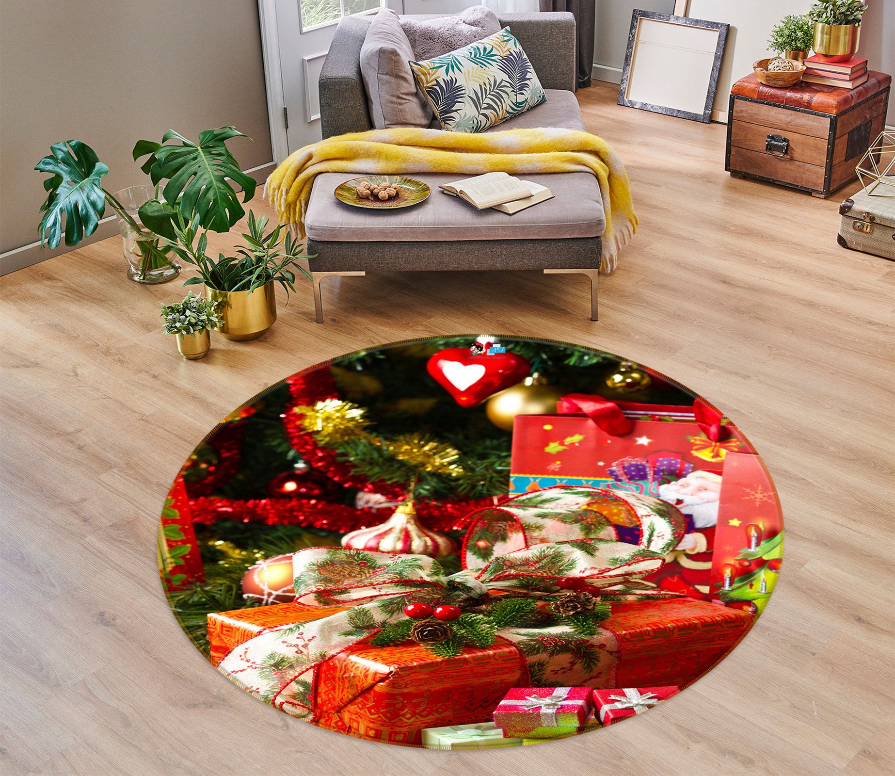3D Red Gift Box 55168 Christmas Round Non Slip Rug Mat Xmas