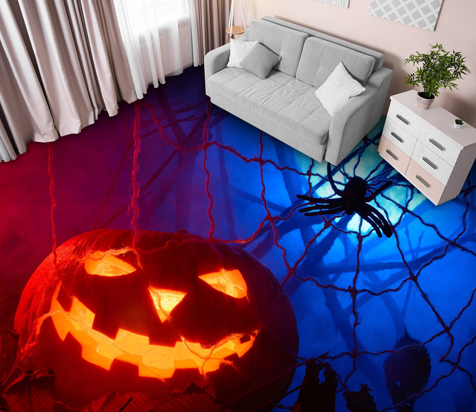 3D Pumpkin Spider 015 Floor Mural  Self-Adhesive Sticker Bathroom Non-slip Waterproof Flooring Murals