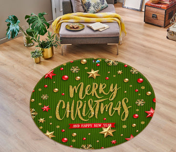 3D Letter Green Background Star 56055 Christmas Round Non Slip Rug Mat Xmas