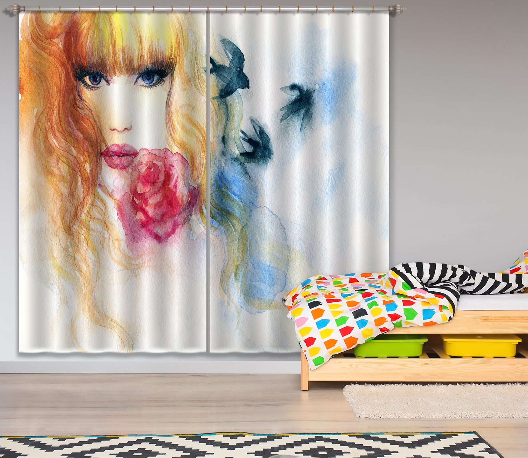 3D Rose Woman 010 Curtains Drapes