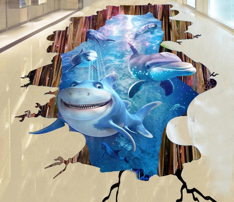 3D Smiling Shark 073 Floor Mural  Self-Adhesive Sticker Bathroom Non-slip Waterproof Flooring Murals