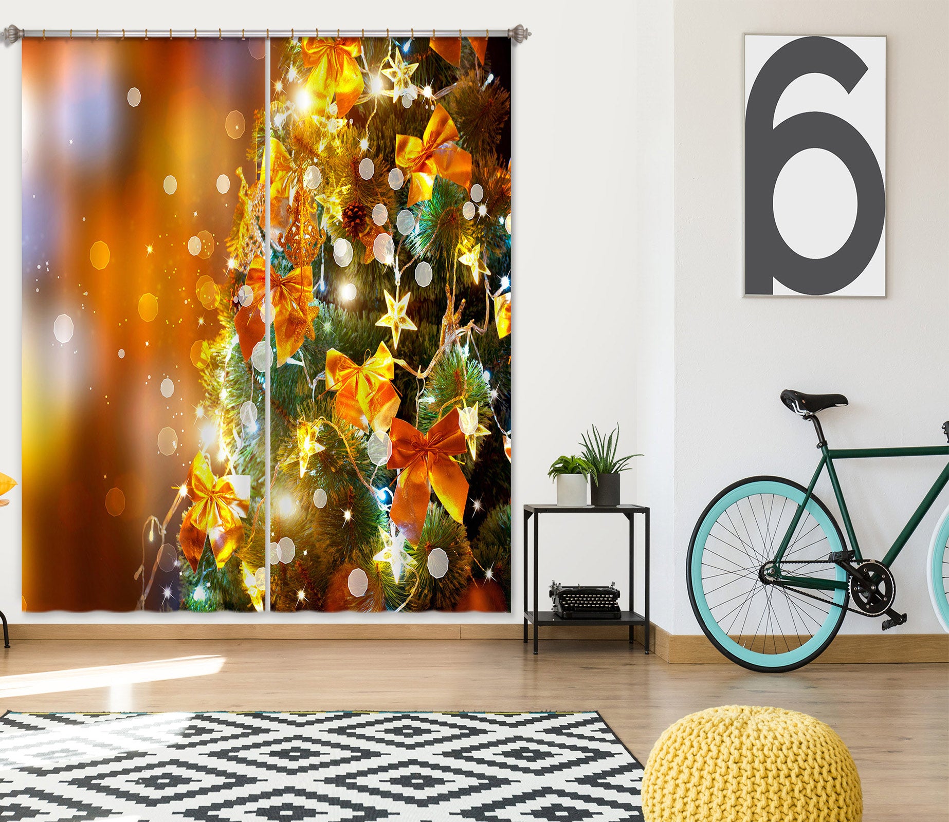 3D Tree Golden Bow 53067 Christmas Curtains Drapes Xmas