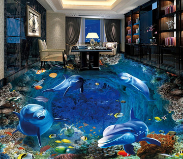 3D Underwater Dolphin 521 Floor Mural  Wallpaper Murals Rug & Mat Print Epoxy waterproof bath floor