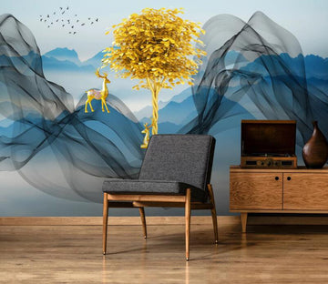 3D Golden Tree And Golden Deer 841 Wall Murals