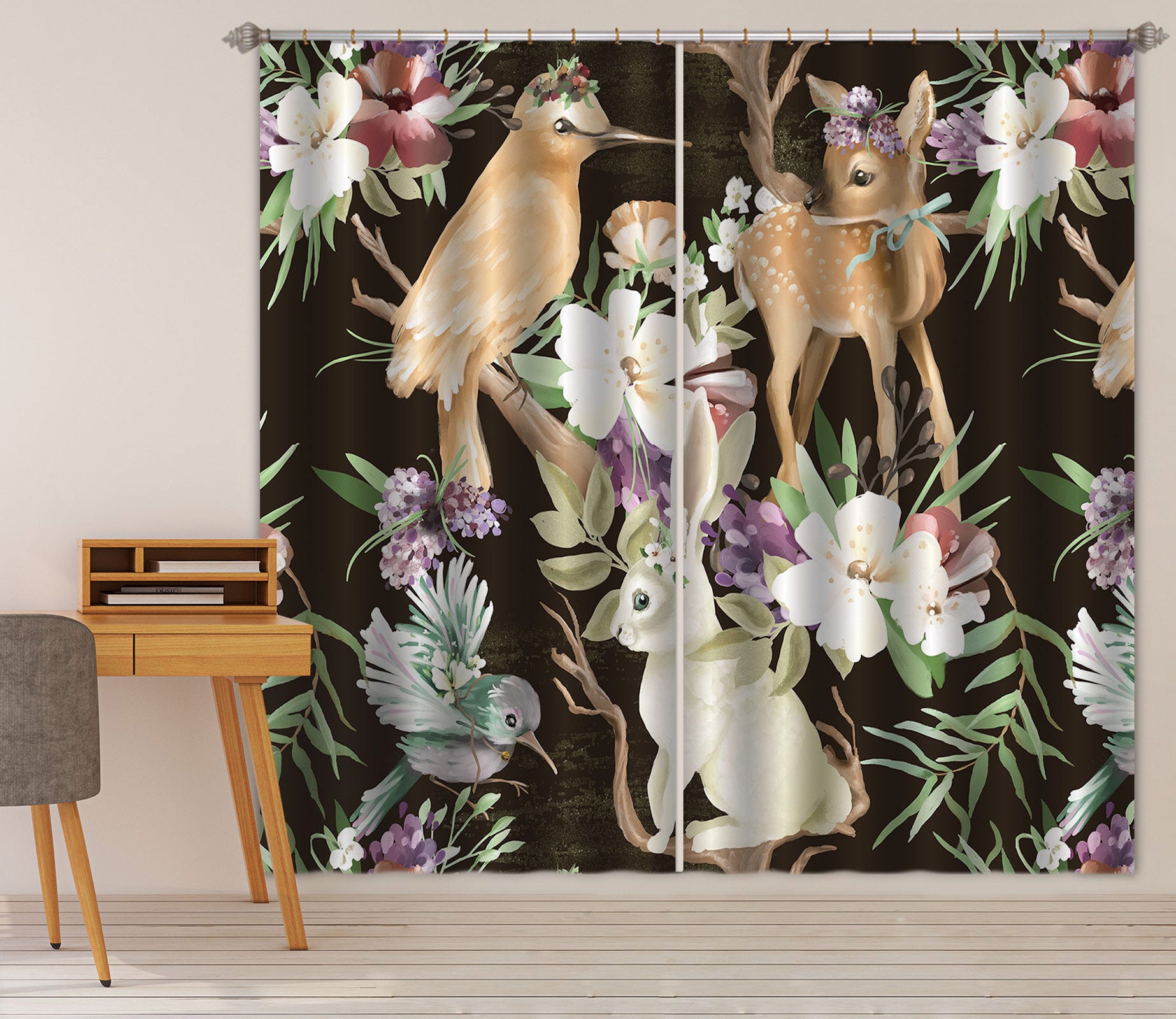 3D Bird Fawn Forest 062 Curtains Drapes