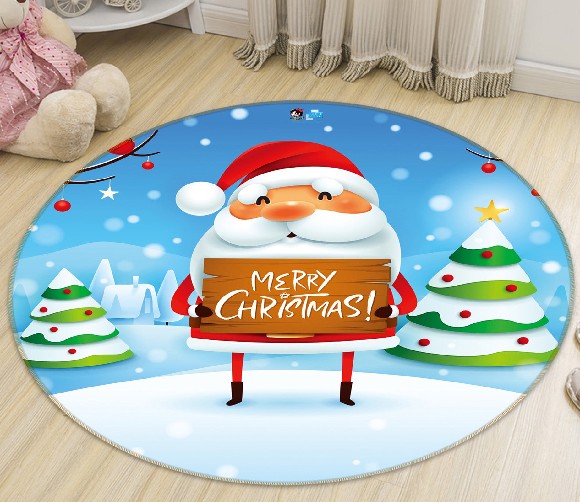 3D Santa Snow Tree 56073 Christmas Round Non Slip Rug Mat Xmas
