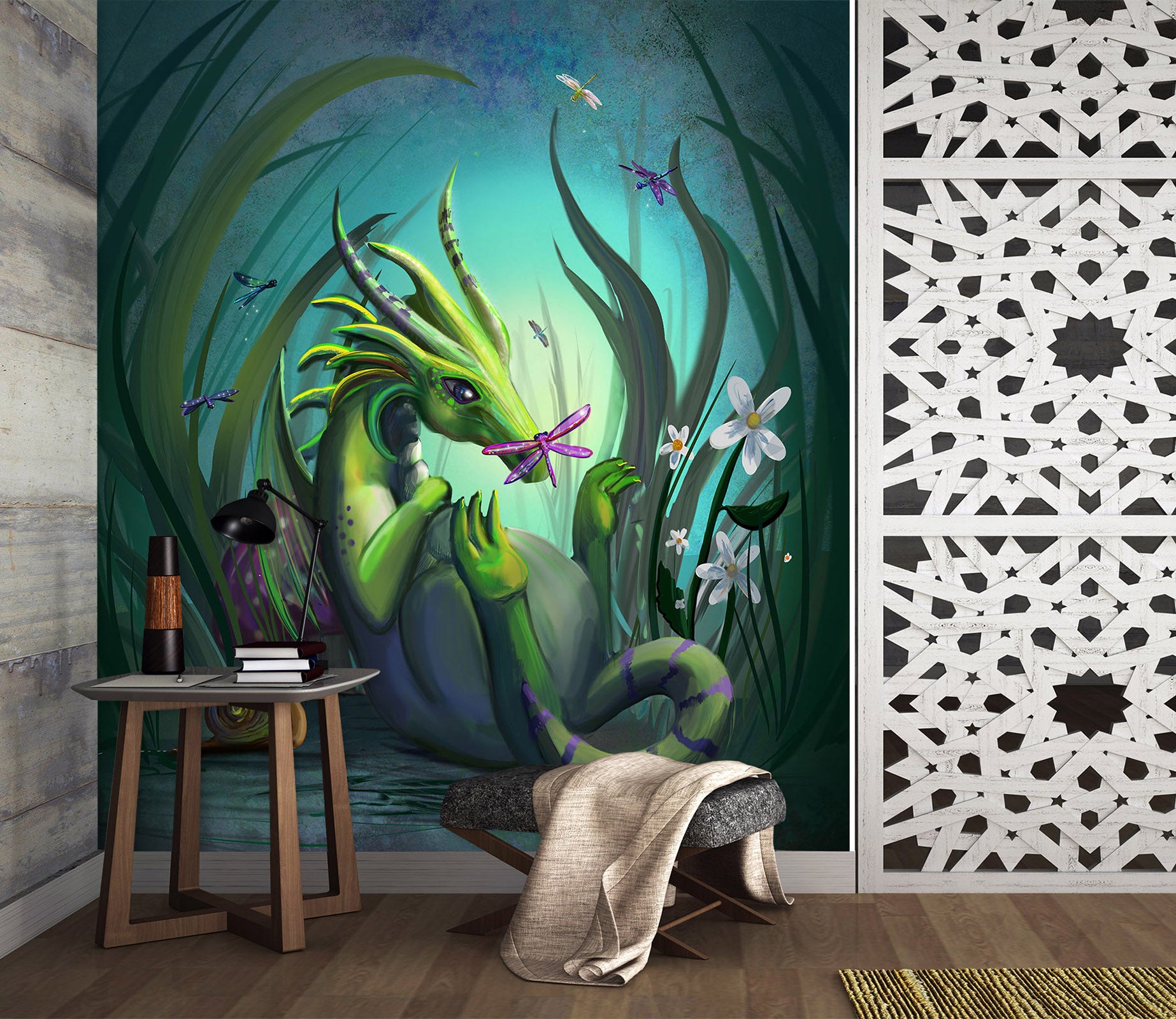 3D Green Dragon 1401 Rose Catherine Khan Wall Mural Wall Murals