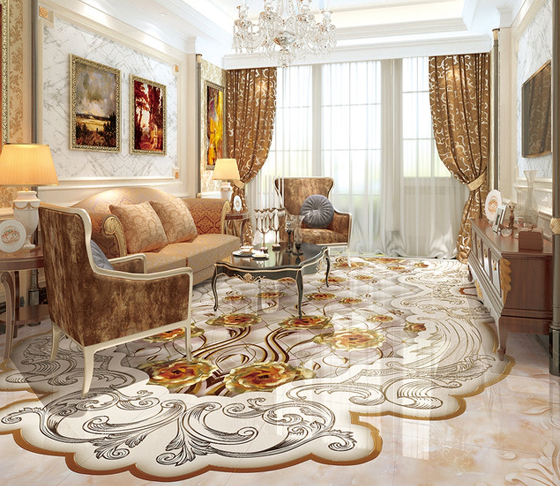 3D Golden Flowers WG032 Floor Mural Wallpaper AJ Wallpaper 2 