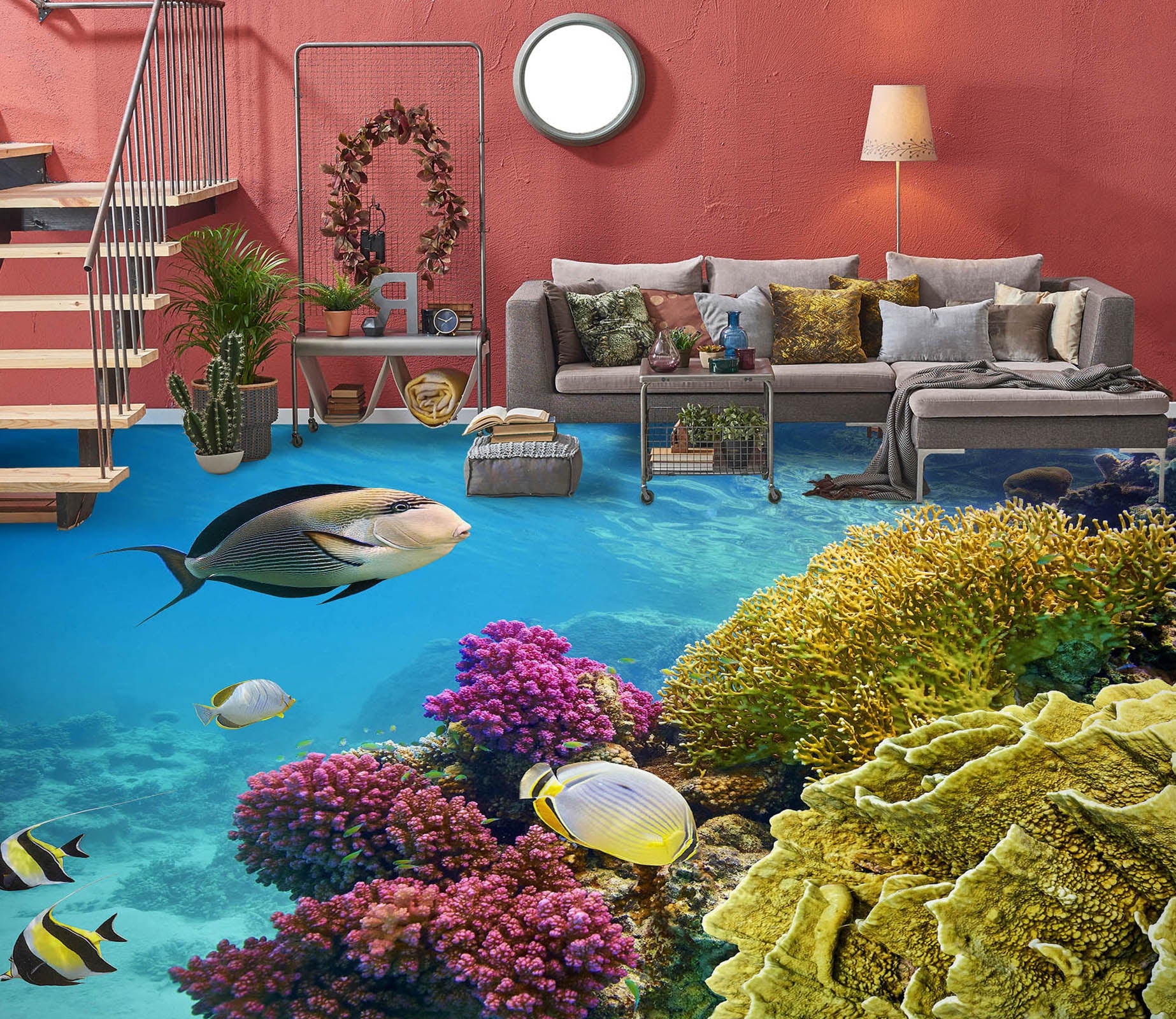 3D Pink And Yellow Coral 1412 Floor Mural  Wallpaper Murals Self-Adhesive Removable Print Epoxy