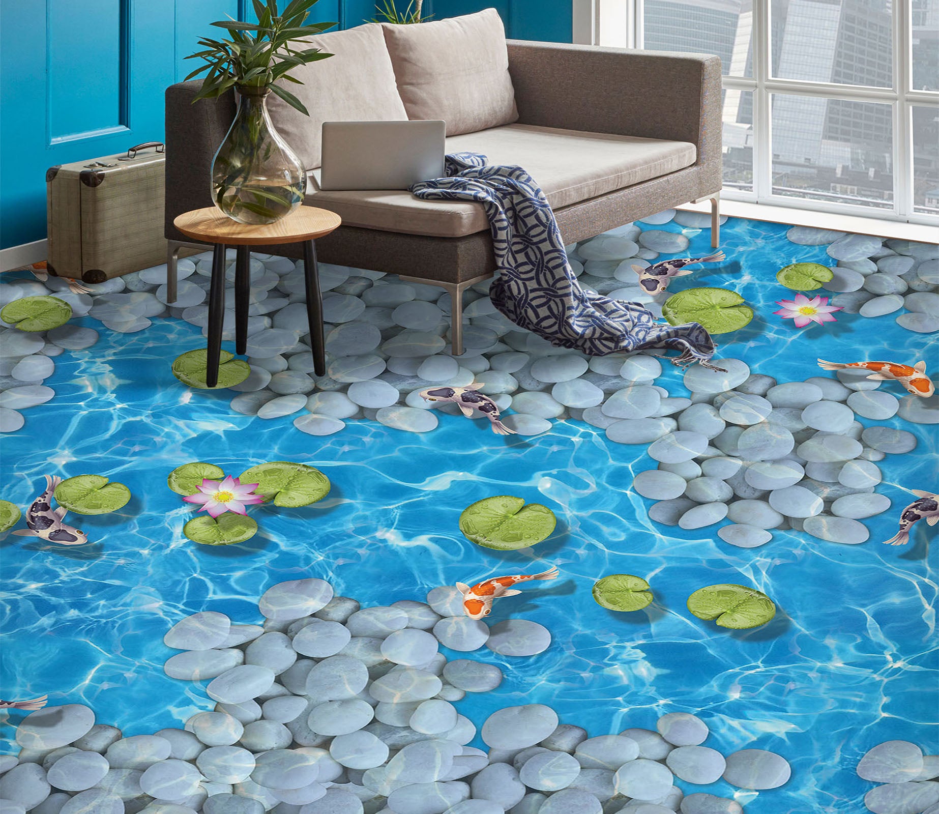 3D Duckweed And White Pebbles 294 Floor Mural
