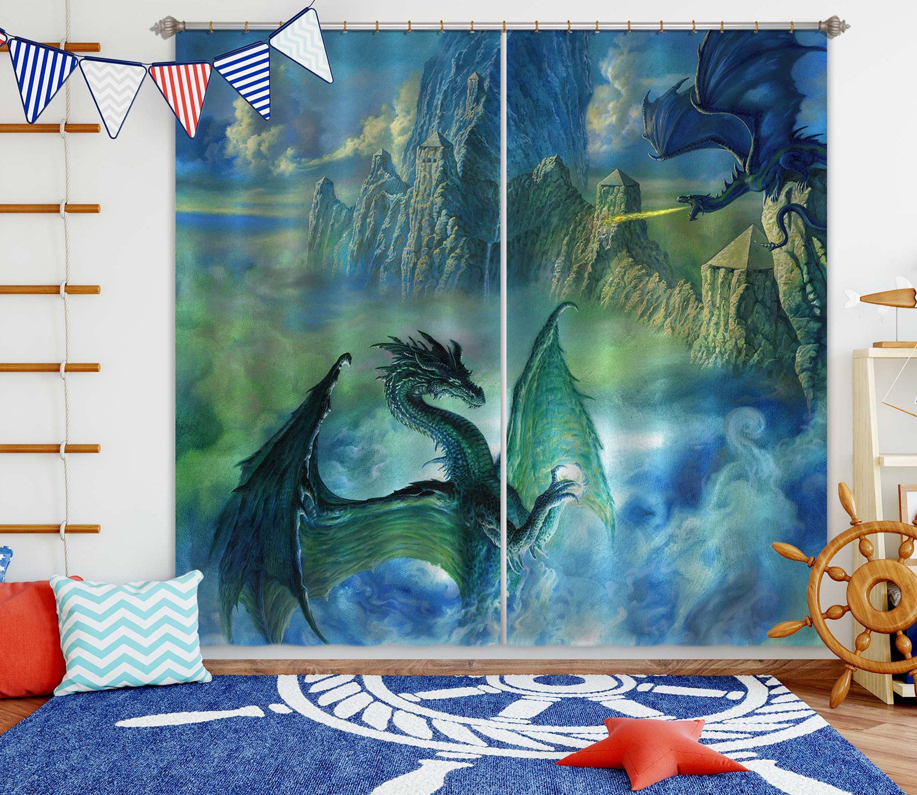 3D Blue Cloudy Mountain Dragon 8019 Ciruelo Curtain Curtains Drapes