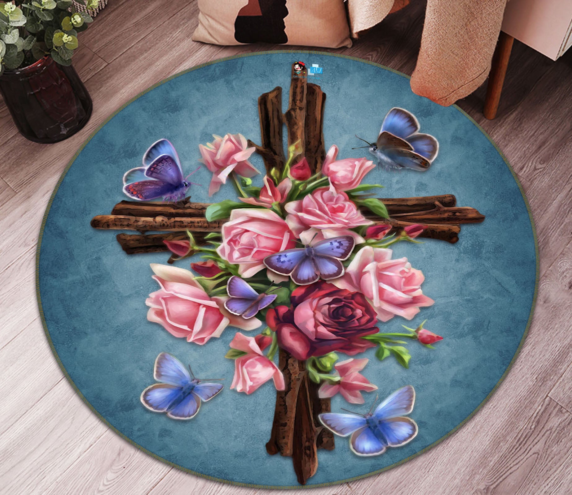 3D Rose Butterfly 8893 Brigid Ashwood Rug Round Non Slip Rug Mat