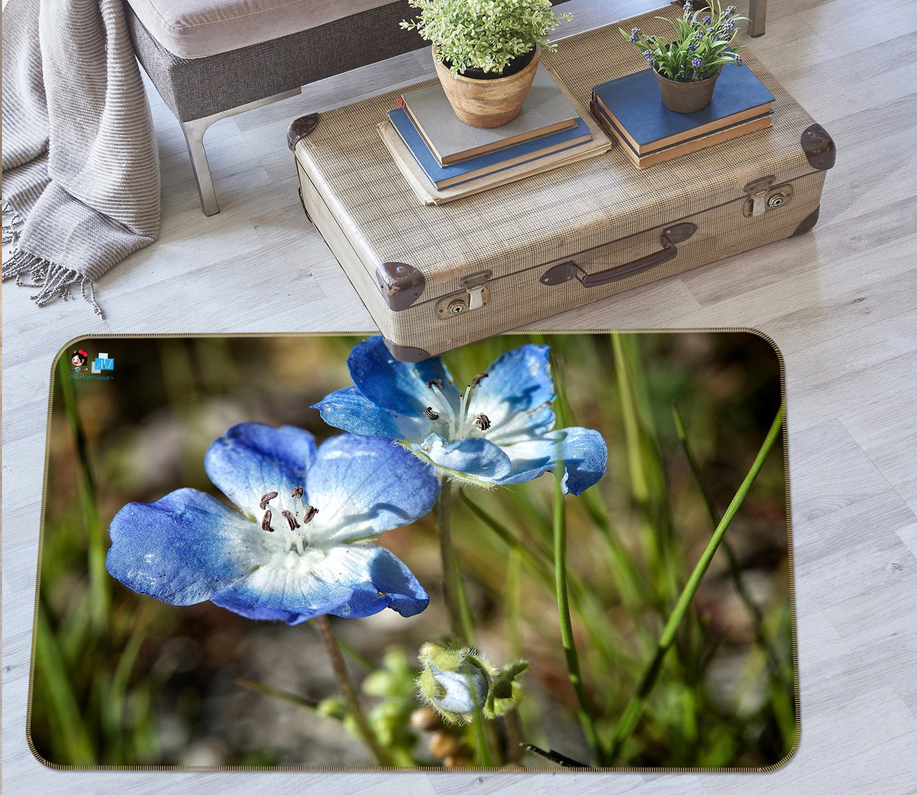 3D Blue Flowers 62201 Kathy Barefield Rug Non Slip Rug Mat