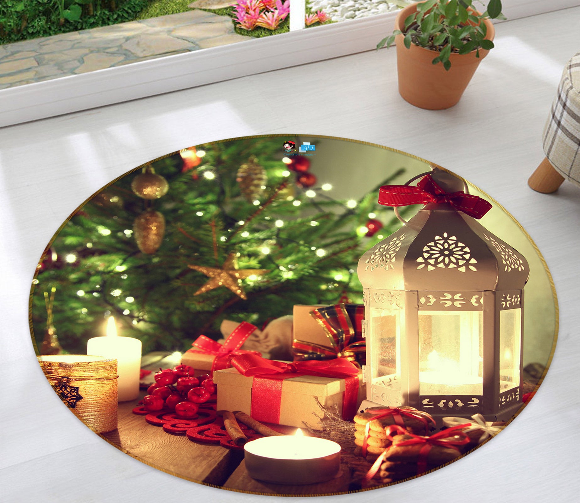 3D Candle Light Gift 55172 Christmas Round Non Slip Rug Mat Xmas