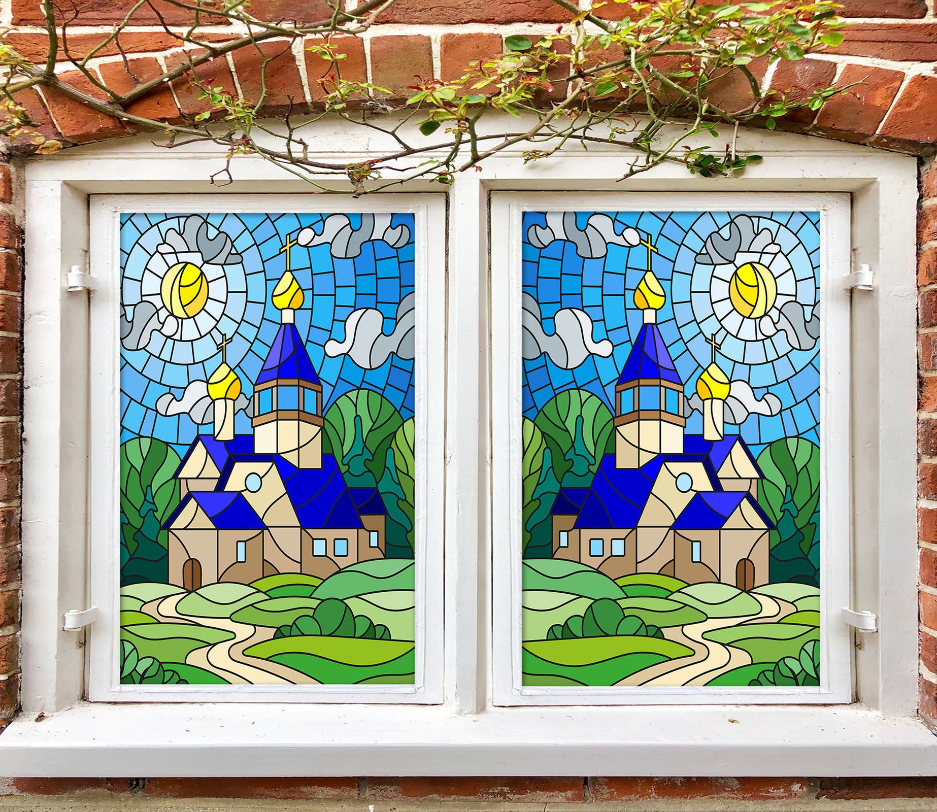 3D Blue House 202 Window Film Print Sticker Cling Stained Glass UV Block