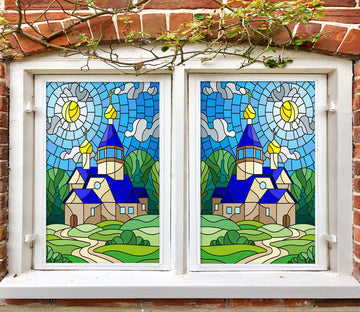 3D Blue House 202 Window Film Print Sticker Cling Stained Glass UV Block