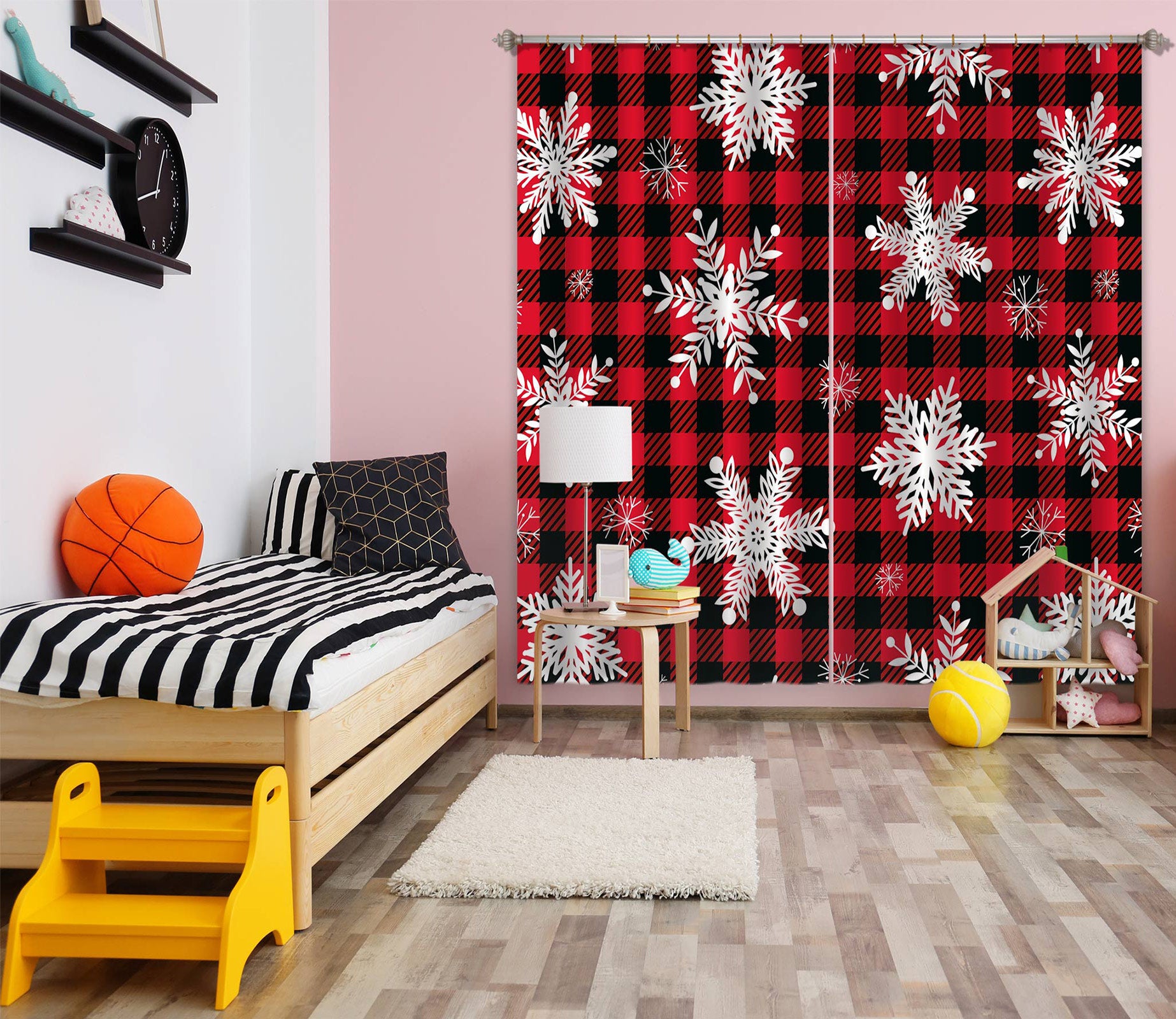 3D Snowflake Black Red Plaid 53136 Christmas Curtains Drapes Xmas