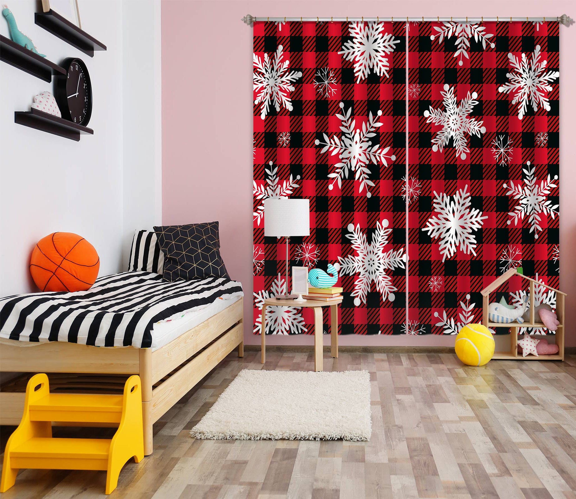 3D Snowflake Black Red Plaid 53136 Christmas Curtains Drapes Xmas