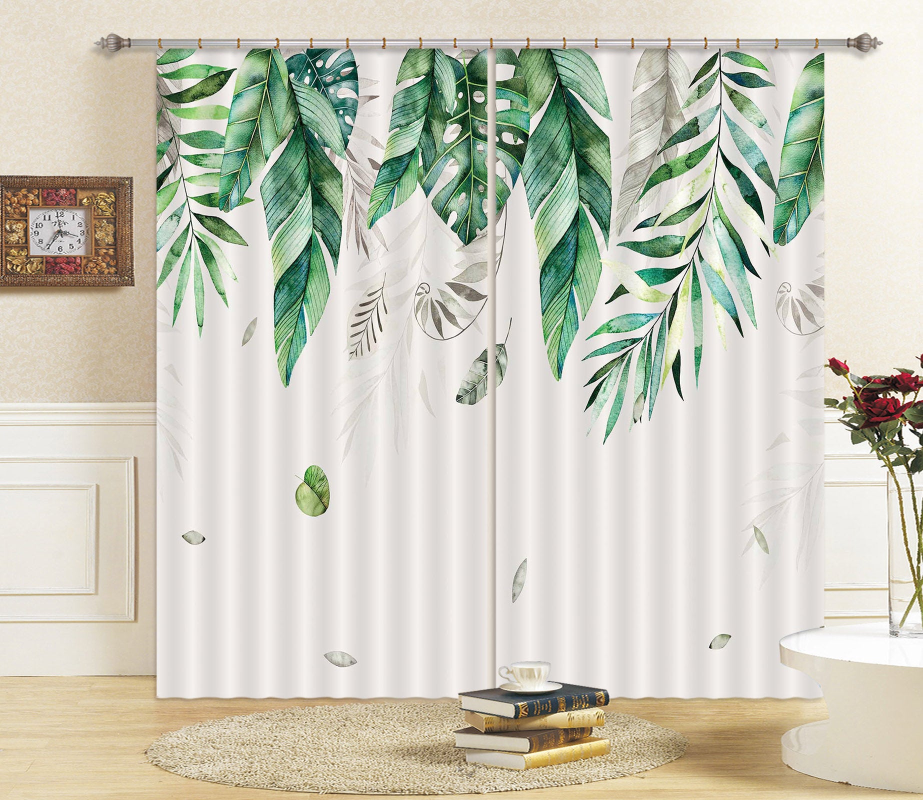 3D Green Leaf 846 Curtains Drapes