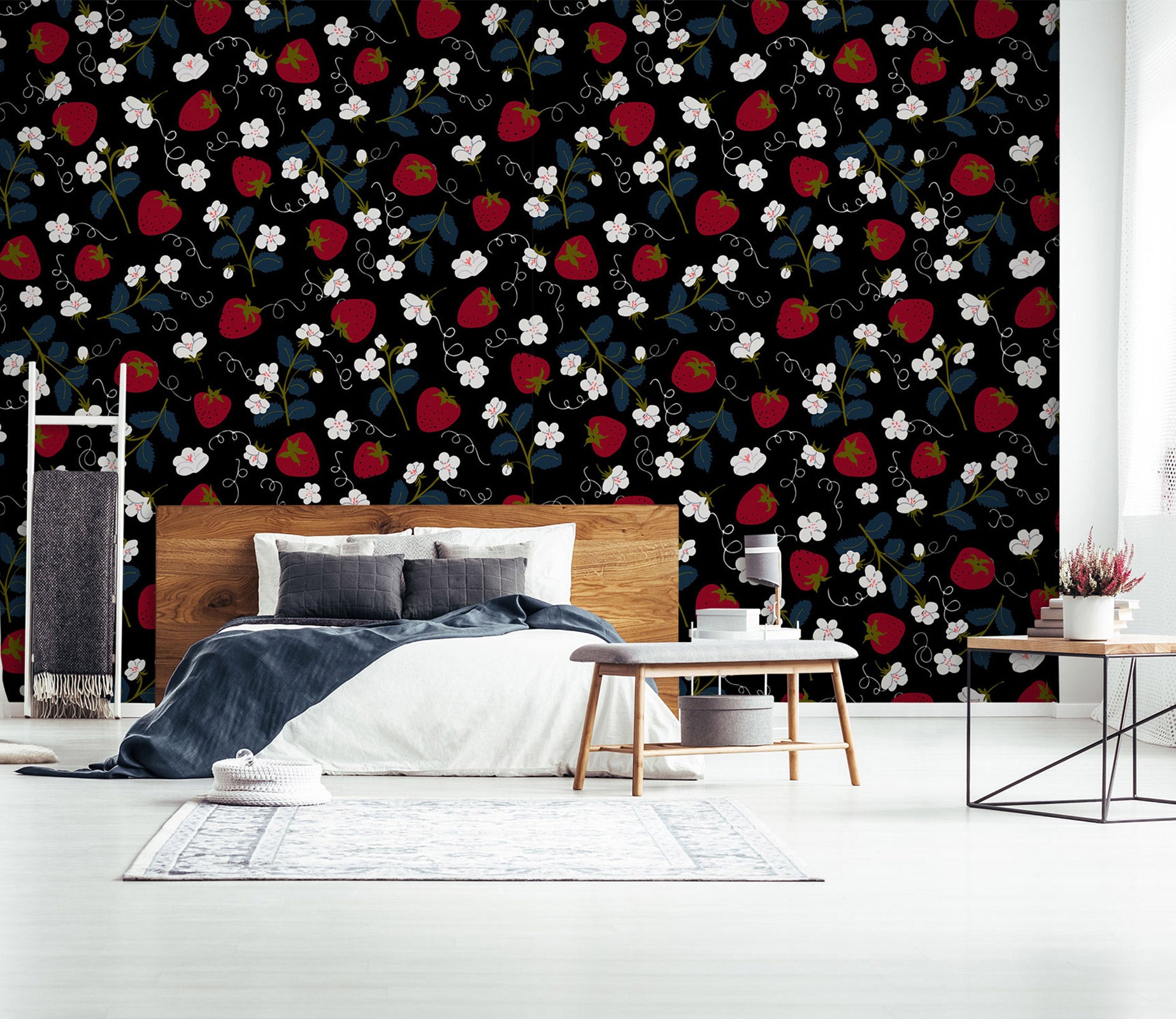 3D White Floral Strawberry 120108 Kashmira Jayaprakash Wall Mural Wall Murals