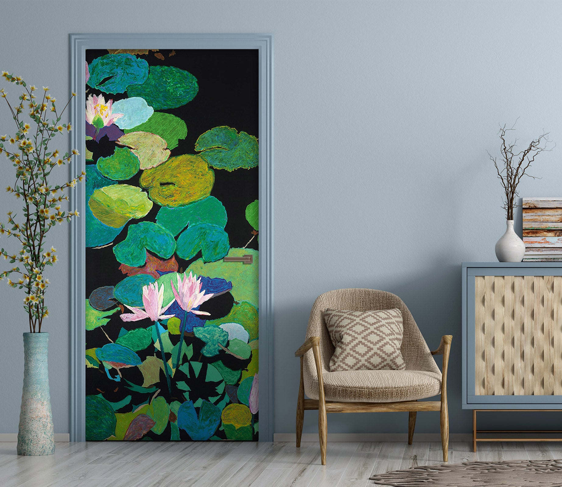 3D Pink Lotus Leaf Pool Painting 93222 Allan P. Friedlander Door Mural