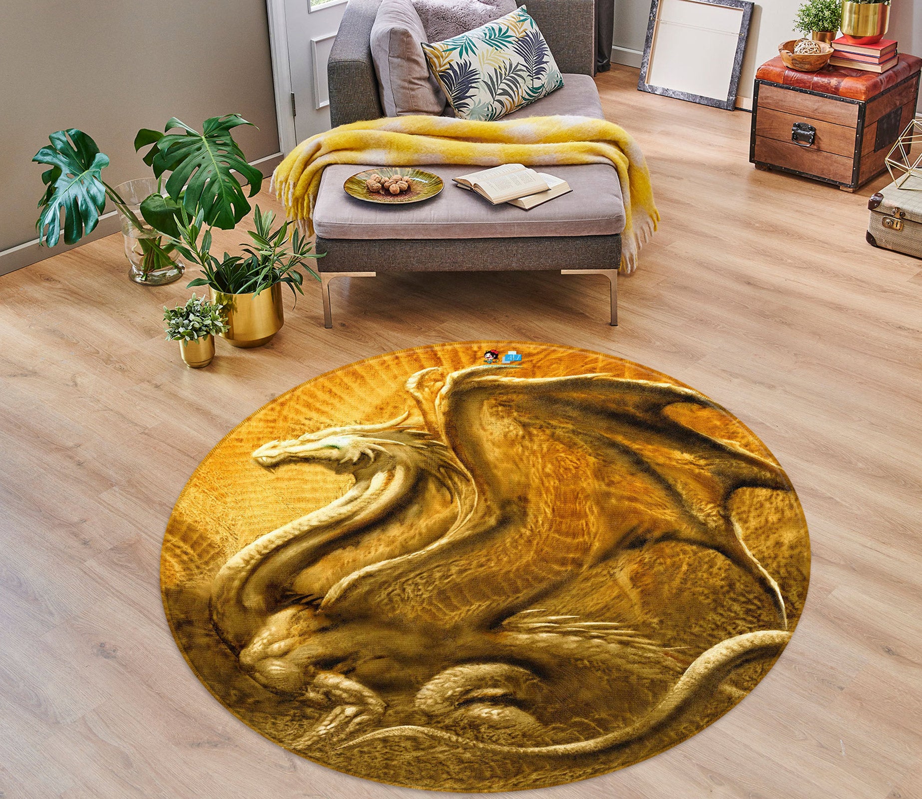 3D Golden Dragon 6153 Ciruelo Rug Round Non Slip Rug Mat
