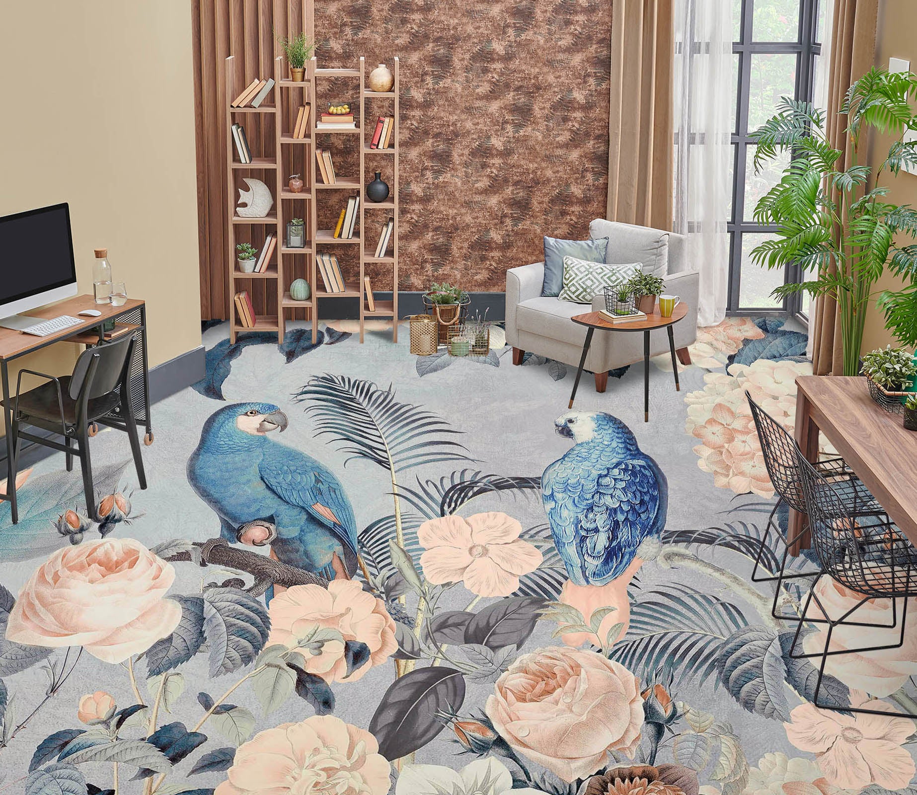 3D Blue Parrot Flower Bush 104159 Andrea Haase Floor Mural  Wallpaper Murals Self-Adhesive Removable Print Epoxy