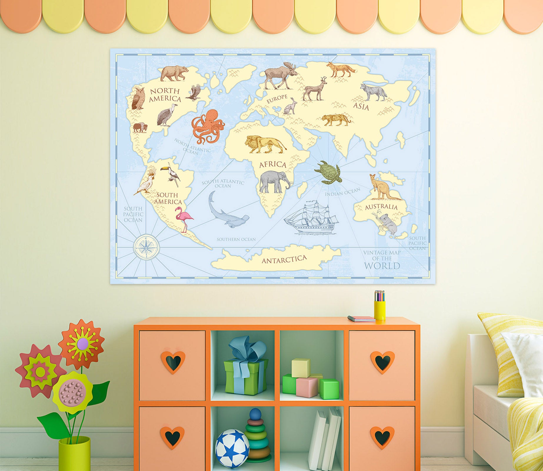 3D Cute Animal 262 World Map Wall Sticker