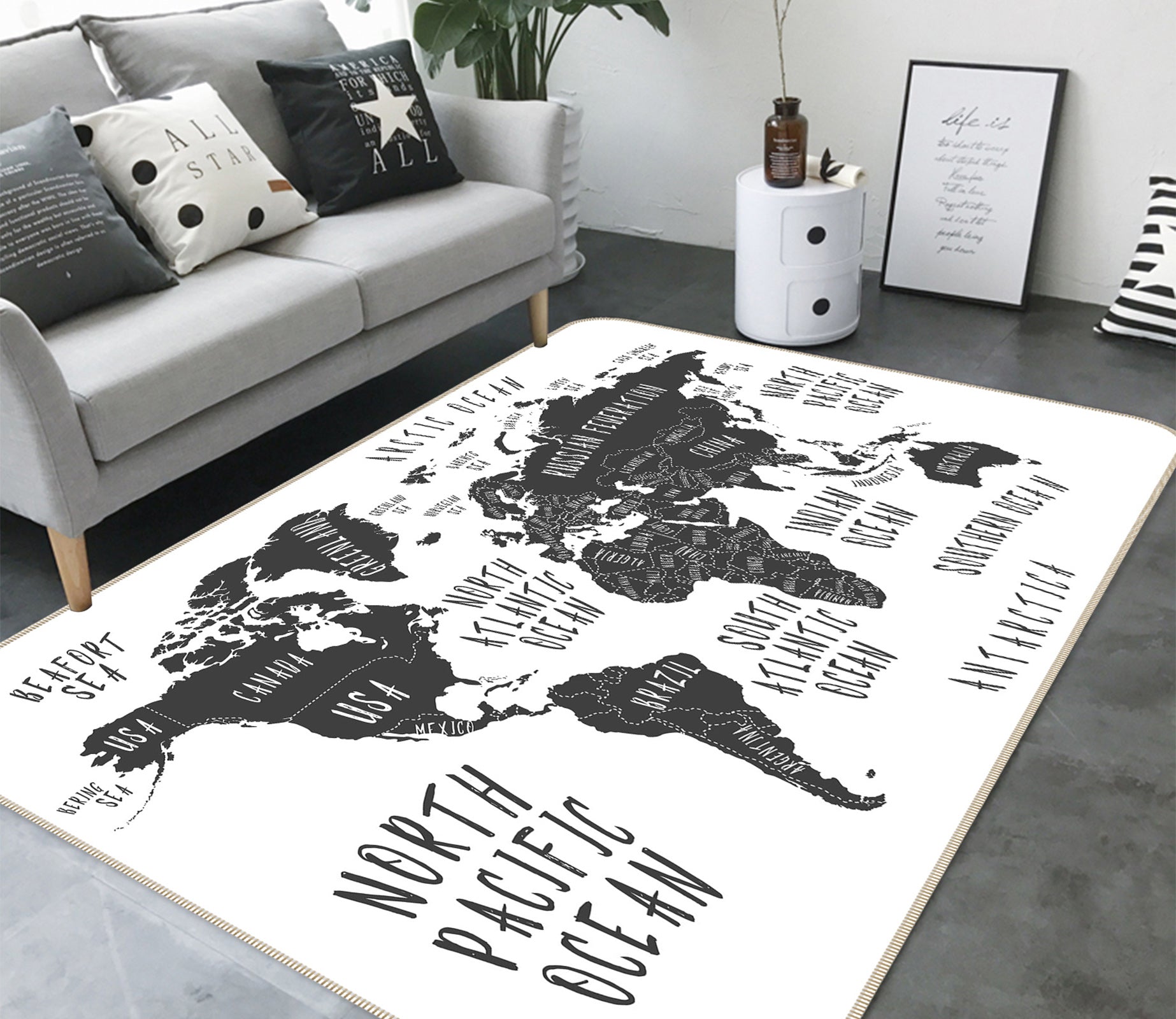 3D Grey Stone 296 World Map Non Slip Rug Mat