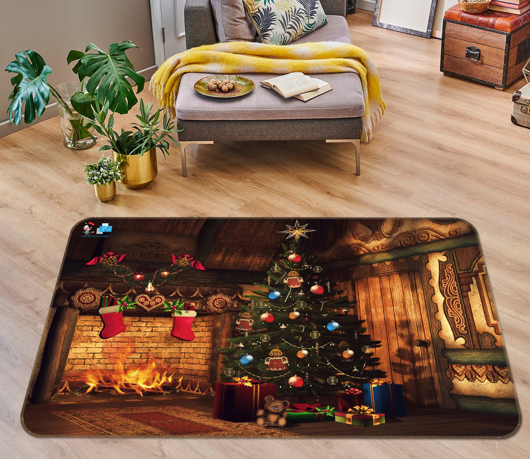 3D Fireplace Tree Socks 56216 Christmas Non Slip Rug Mat Xmas