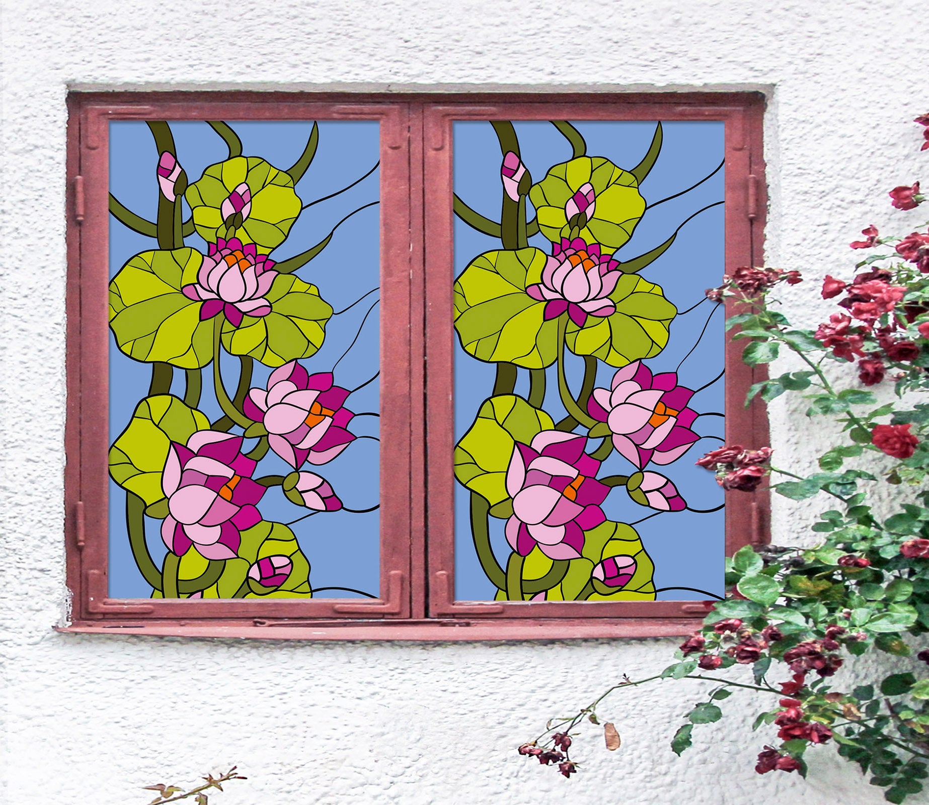 3D Red Lotus 187 Window Film Print Sticker Cling Stained Glass UV Block