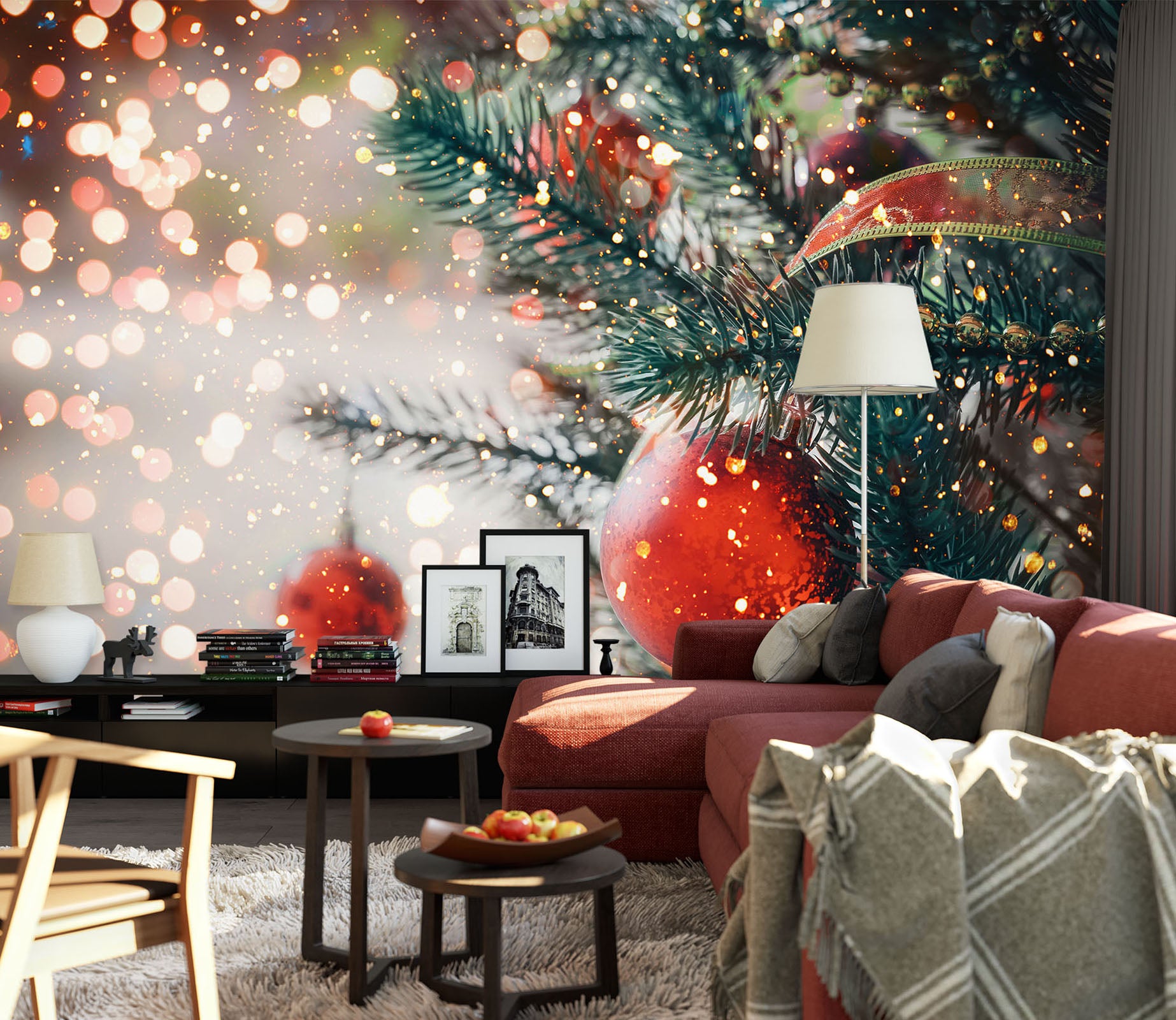 3D Red Ball Snow Branch 57100 Wall Murals