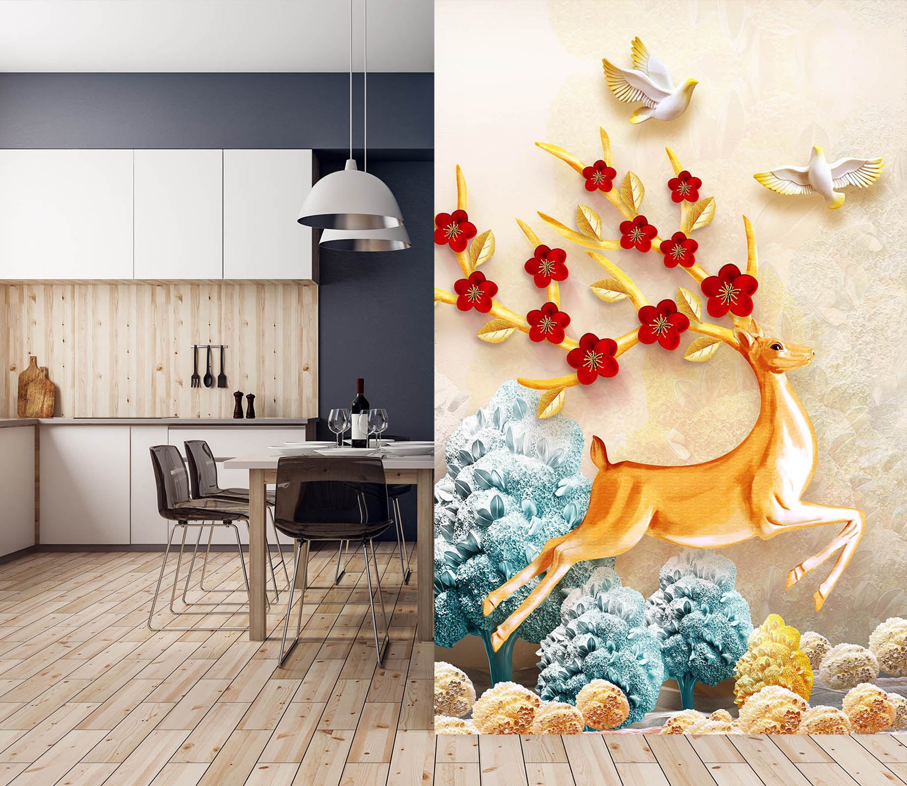 3D Flower Fawn 067 Wall Murals