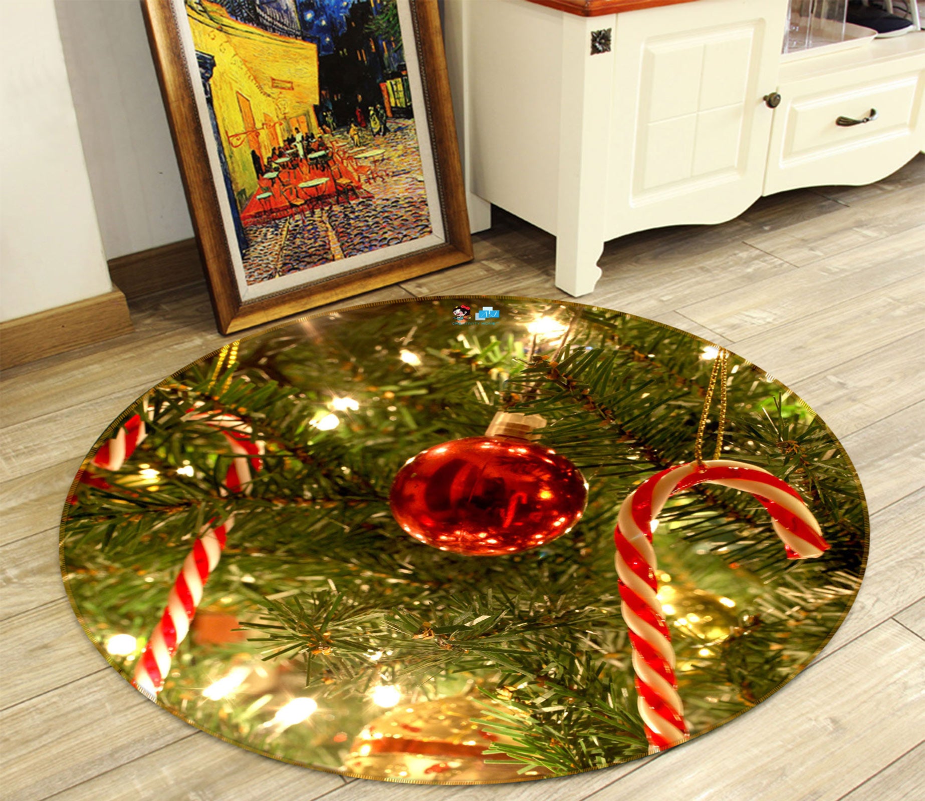 3D Candy Cane Red Ball 55224 Christmas Round Non Slip Rug Mat Xmas