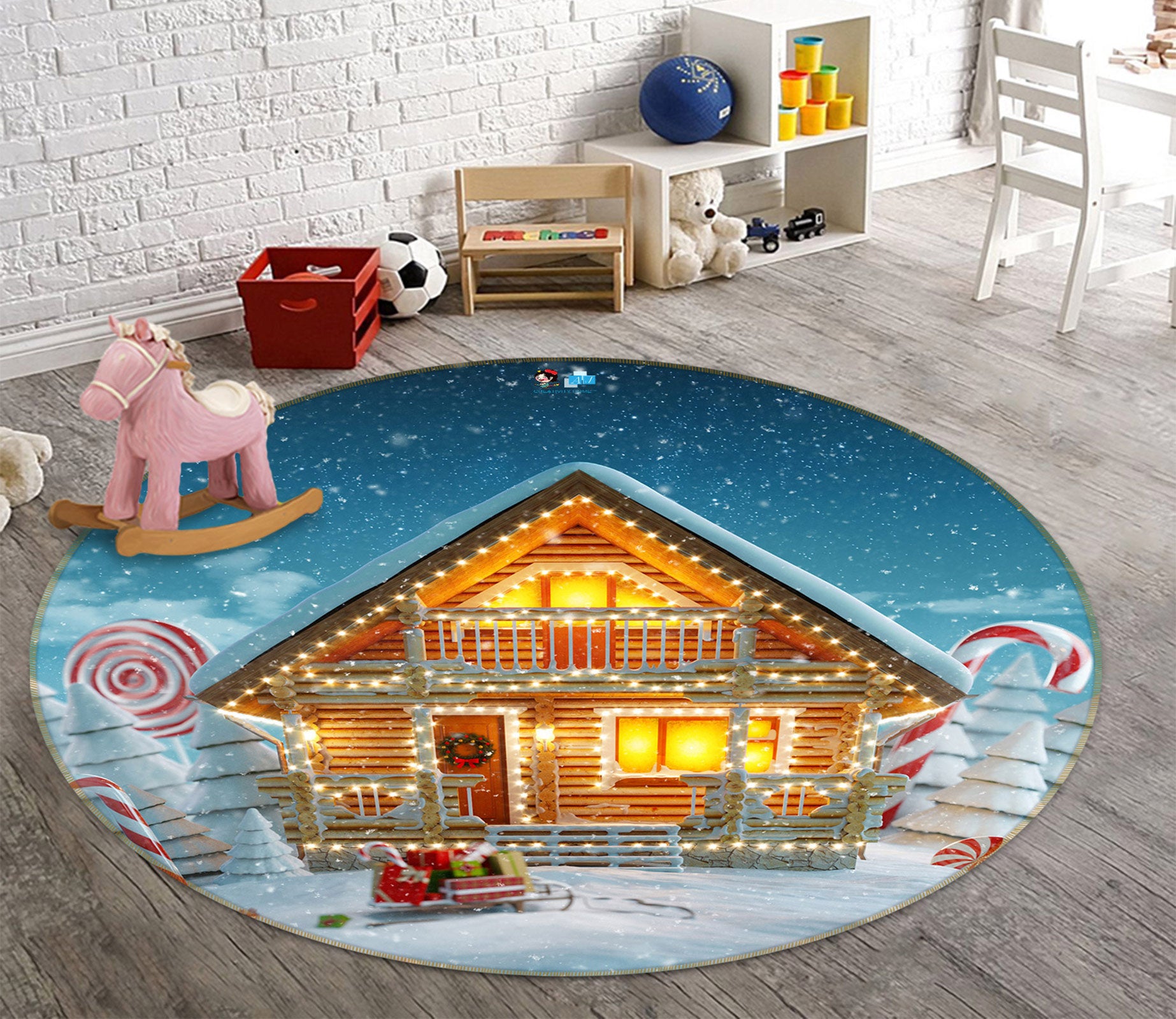 3D Snow House 55207 Christmas Round Non Slip Rug Mat Xmas
