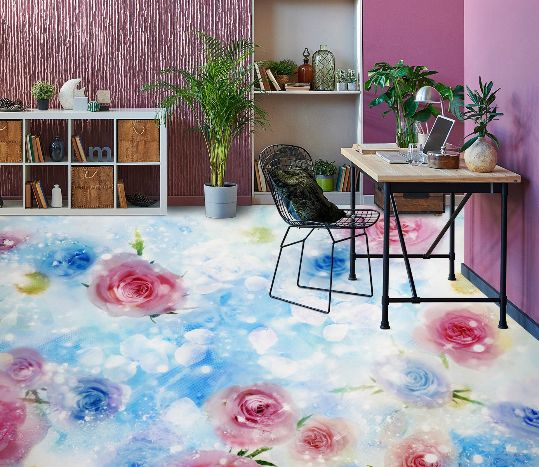 3D Pink And Blue Roses 1361 Floor Mural  Wallpaper Murals Self-Adhesive Removable Print Epoxy