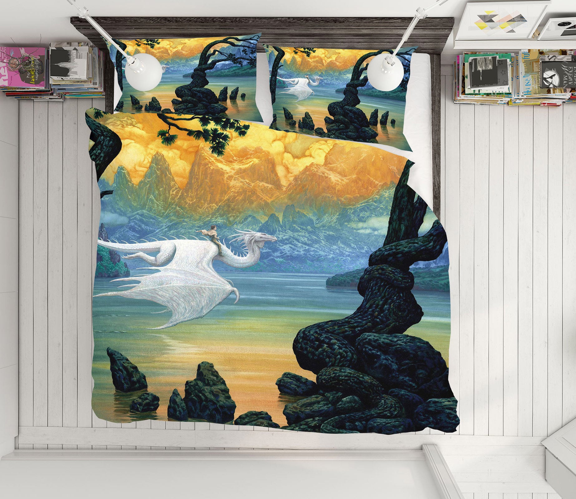 3D Mountain River White Dragon 7001 Ciruelo Bedding Bed Pillowcases Quilt