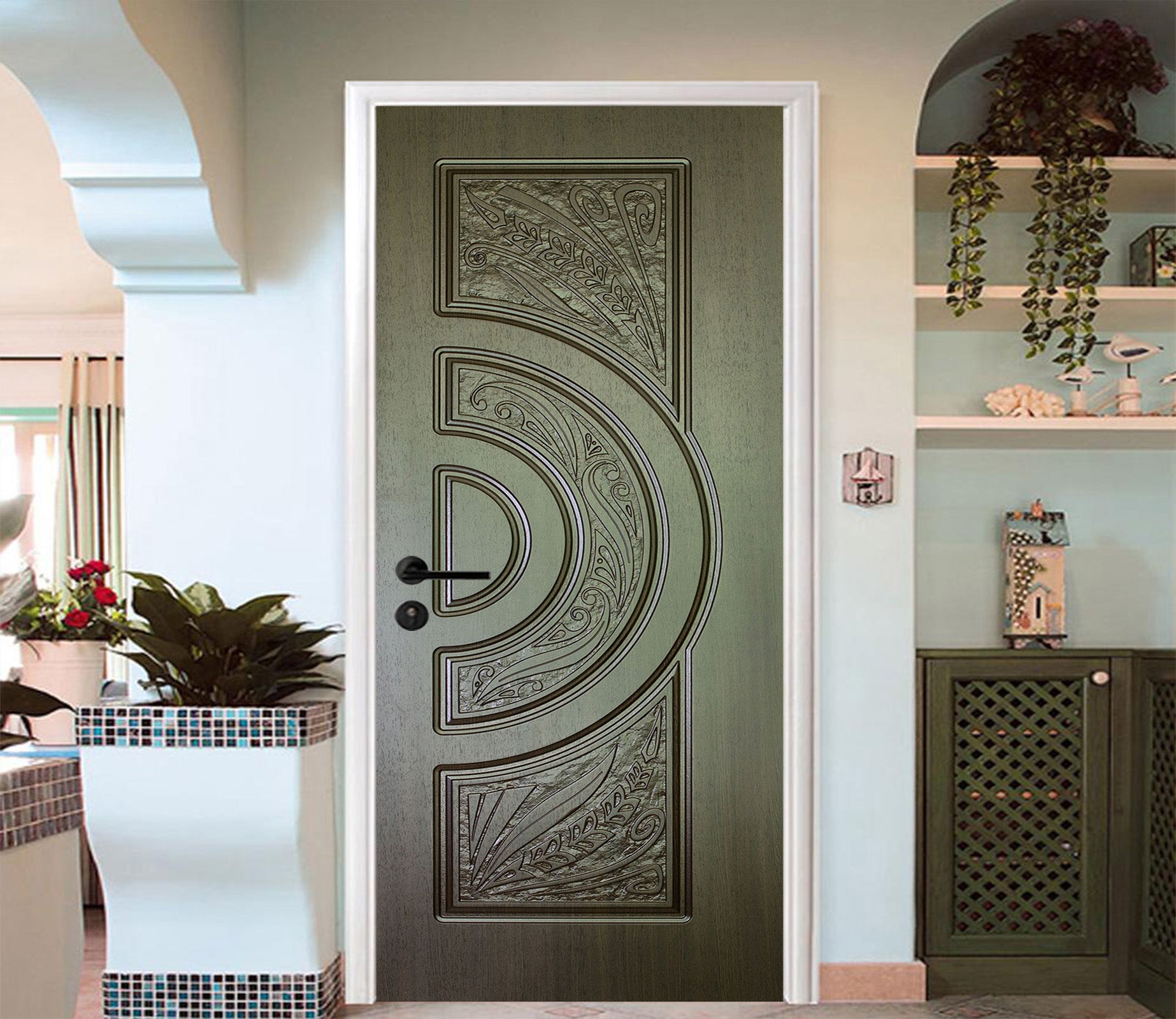 3D Green Pattern 009 Door Mural