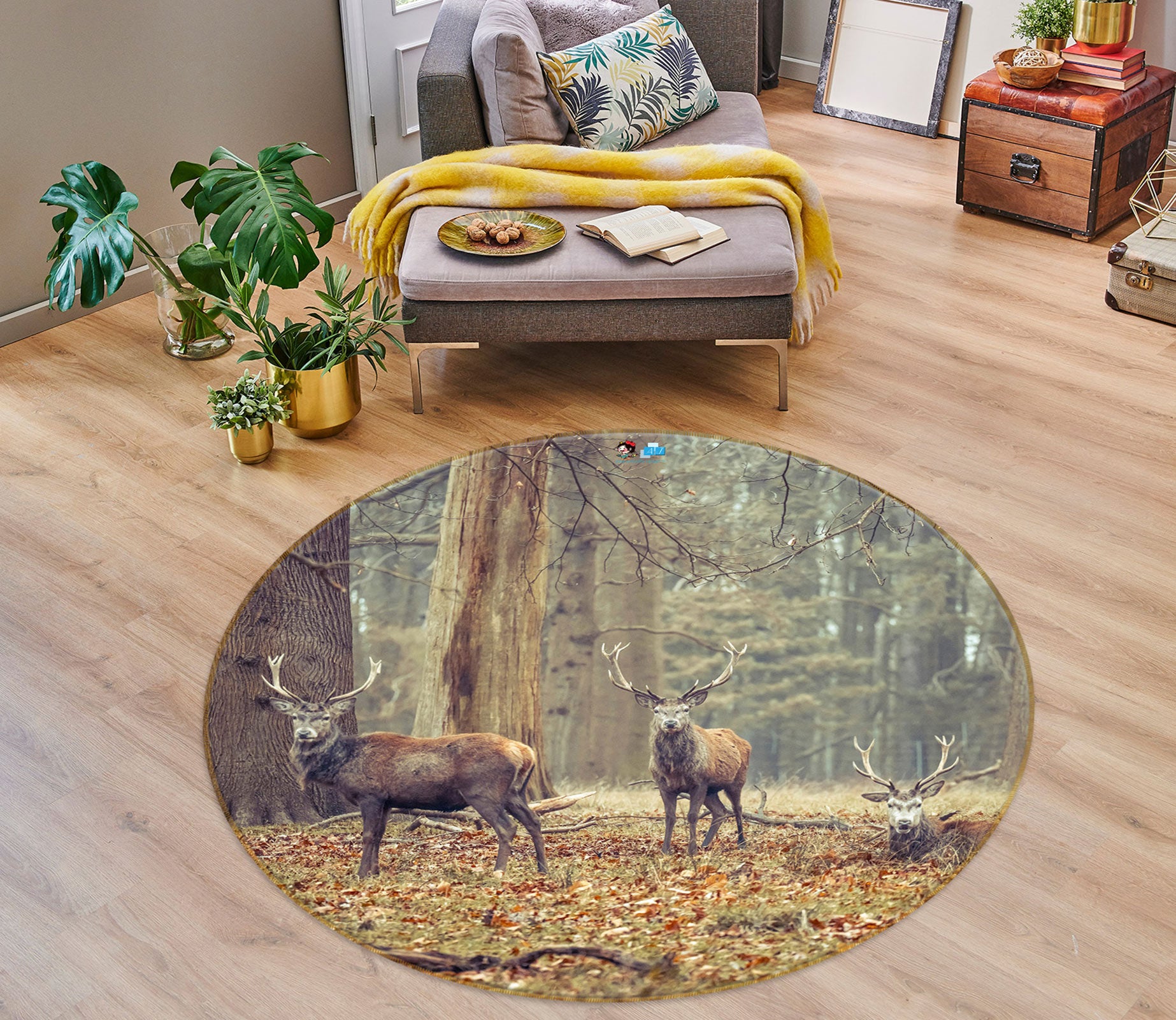 3D Forest Elk 7572 Assaf Frank Rug Round Non Slip Rug Mat